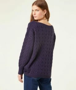 Pulls & Gilets | Pull En Maille Torsadée Col Bateau MARINE | Etam Femme