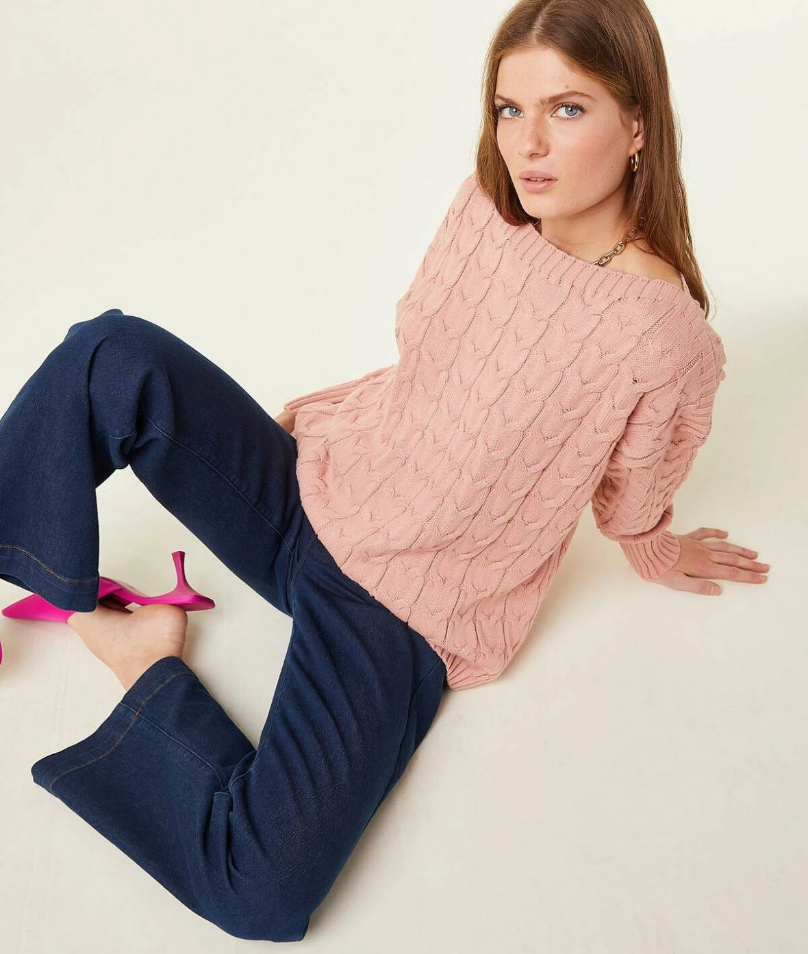 Pulls & Gilets | Pull En Maille Torsadée Col Bateau VIEUX ROSE | Etam Femme – Image 2