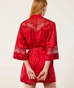 Pyjamas Sexy | Kimono Satiné Détails Dentelle ROUGE | Etam Femme